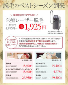 医療レーザー脱毛,ワキ脱毛,VIO脱毛,ハイジニーナ,顔脱毛,ヒゲ脱毛,全身脱毛