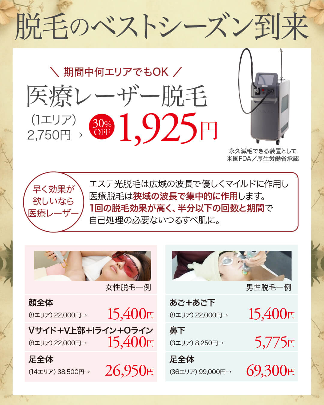 医療レーザー脱毛,ワキ脱毛,VIO脱毛,ハイジニーナ,顔脱毛,ヒゲ脱毛,全身脱毛