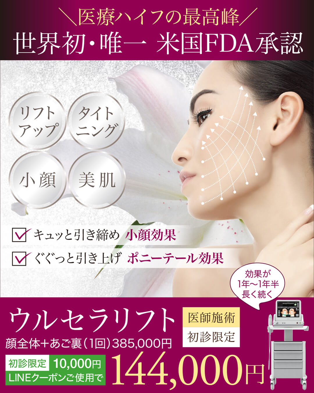 ウルセラリフト,ULTHERA,医療ハイフ,HIFU,FDA承認,たるみ治療,小顔