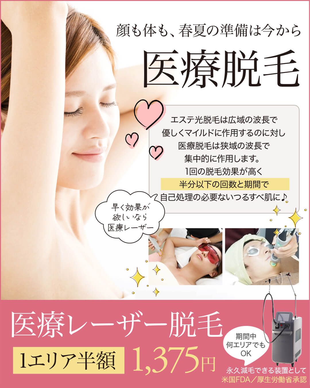 医療レーザー脱毛,ワキ脱毛,VIO脱毛,ハイジニーナ,顔脱毛,ヒゲ脱毛,全身脱毛